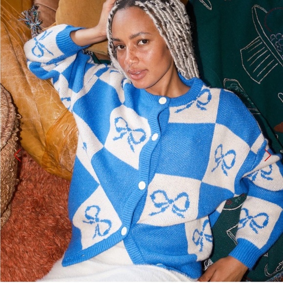 LISA SAYS GAH Womens Wool Blend Check Bow Cardigan Sweater Blue White XS/S Crew - Picture 1 of 15